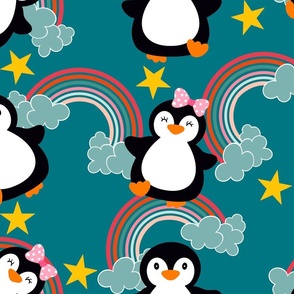 Baby penguins with rainbow on teal (large)