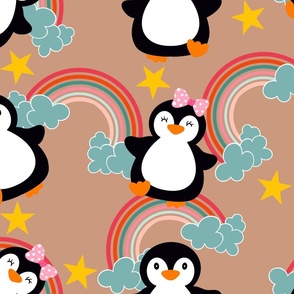 Baby penguins with rainbow on beige (large)