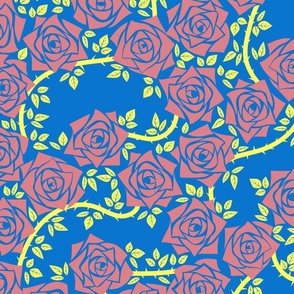 L Candy Rose Garden - Mystery Woodland - Colorful Roses - Soft Pink Rose (Pink Clay) and Lemon Yellow Vine (Bright Yellow) on Cobalt Blue - - Mid Century Modern inspired (MOD) - Modern Vintage - Minimal Flower - Geometric Florals