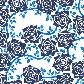 M Monochrome Rose Garden - Mystery Woodland - Indigo Blue Rose (Dark Blue) and Bright Blue Vine (Cobalt Blue) on White - Mid Century Modern inspired (MOD) - Modern Vintage - Minimalist Flowers - Geometric Floral