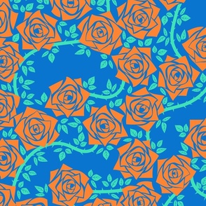 L Rose Garden - Mystery Woodland - Burnt Orange Rose and Pastel Green Vine (Mint Green) on  Cobalt Blue (Bright Blue) - Mid Century Modern inspired (MOD) - Modern Vintage - Minimal Flowers - Geometric Florals