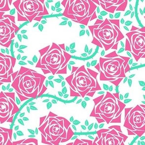 M Rose Garden - Mystery Woodland - Neon Pink Rose (Bright Pink) and Mint Green Vine (Pastel Green) on White  - Mid Century Modern inspired (MOD) - Modern Vintage - Minimalist Flower - Geometric Florals