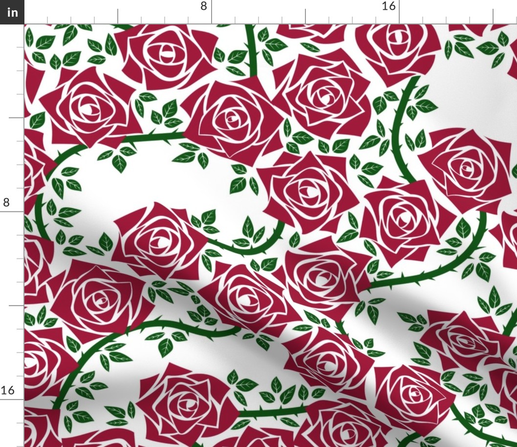 L Rose Garden - Mystery Woodland - Burgundy Red Rose (Dark Red) and Dark Green Vine on White  - Mid Century Modern inspired (MOD) - Modern Vintage - Minimalist Flowers - Geometric Floral