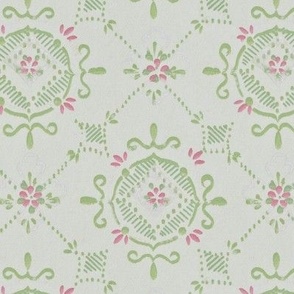pale green and pink lattice with motifs 