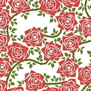 M Rose Garden - Mystery Woodland - Coral Red Rose and Olive Green Vine on White  - Mid Century Modern inspired (MOD) - Modern Vintage - Minimalist Flowers - Geometric Floral - Christmas