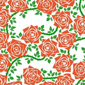 M Rose Garden - Mystery Woodland - Burnt Orange Rose and Bright Green Vine on White  - Mid Century Modern inspired (MOD) - Modern Vintage - Minimalist Flowers - Geometric Florals
