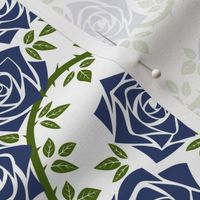 M Rose Garden - Mystery Woodland - Indigo Blue Rose (Dark Blue) and Green Vine on White - Mid Century Modern inspired (MOD) - Modern Vintage - Minimalist Flowers - Geometric Floral