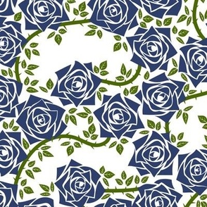 M Rose Garden - Mystery Woodland - Indigo Blue Rose (Dark Blue) and Green Vine on White - Mid Century Modern inspired (MOD) - Modern Vintage - Minimalist Flowers - Geometric Floral