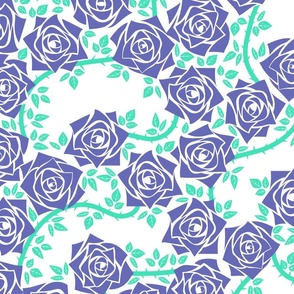 L Rose Garden - Mystery Woodland - Dark Purple Rose and Mint Green Vine (Pastel Green) on White - Mid Century Modern inspired (MOD) - Modern Vintage - Minimalist Flowers - Geometric Floral
