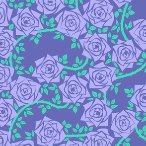 L Rose Garden - Mystery Woodland - Soft Purple Rose (Purple Pastel) and Mint Green Vine (Pastel Green) on Dark Purple - Mid Century Modern inspired (MOD) - Modern Vintage - Minimalist Floral - Geometric Floral