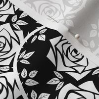 M Black and White Rose Garden - Mystery Woodland - White Rose and Vine on Deep Black - Mid Century Modern inspired (MOD) - Modern Vintage - Minimalist Floral - Geometric Floral