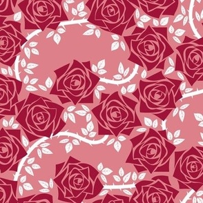 M Monochrome Rose Garden - Mystery Woodland - Burgundy Red Rose (Dark Red) and White Vine on Pink Clay (Soft Pink) - Mid Century Modern inspired (MOD) - Modern Vintage - Minimal Floral - Geometric Florals