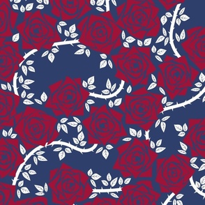 L Rose Garden - Mystery Woodland - Burgundy Red Rose (Dark Red) and White Vine on Navy Blue - Mid Century Modern inspired (MOD) - Modern Vintage - Minimal Floral - Geometric Florals - July 4th -  Independence Day