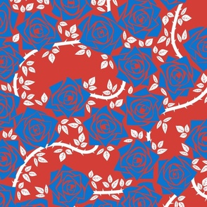 L Vintage Rose Garden - Mystery Woodland - Cobalt Blue Rose (Bright Blue) and White Vine on Bright Red - Mid Century Modern inspired (MOD) - Modern Vintage - Minimal Floral - Geometric Florals - July 4th -  Independence Day