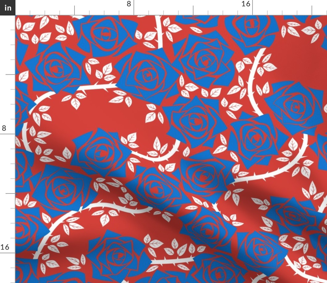 L Vintage Rose Garden - Mystery Woodland - Cobalt Blue Rose (Bright Blue) and White Vine on Bright Red - Mid Century Modern inspired (MOD) - Modern Vintage - Minimal Floral - Geometric Florals - July 4th -  Independence Day