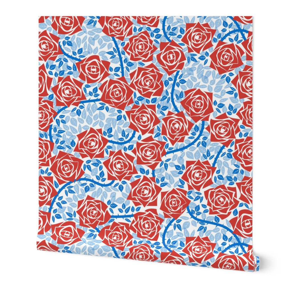 L Rose Garden - Mystery Woodland - Bright Red Rose and Cobalt Blue Vine (Bright Blue) on White - Mid Century Modern inspired (MOD) - Modern Vintage - Minimal Floral - Geometric Florals - July 4th -  Independence Day - Chinese New Year - Chinoiserie