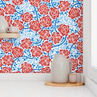 L Rose Garden - Mystery Woodland - Bright Red Rose and Cobalt Blue Vine (Bright Blue) on White - Mid Century Modern inspired (MOD) - Modern Vintage - Minimal Floral - Geometric Florals - July 4th -  Independence Day - Chinese New Year - Chinoiserie