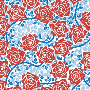 L Rose Garden - Mystery Woodland - Bright Red Rose and Cobalt Blue Vine (Bright Blue) on White - Mid Century Modern inspired (MOD) - Modern Vintage - Minimal Floral - Geometric Florals - July 4th -  Independence Day - Chinese New Year - Chinoiserie