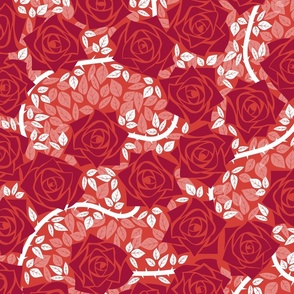 L Monochrome Rose Garden - Mystery Woodland - Dark Red Rose (Burgundy Red) and White Vine on Bright Red - Mid Century Modern inspired (MOD) - Modern Vintage - Minimalist Flowers - Geometric Floral