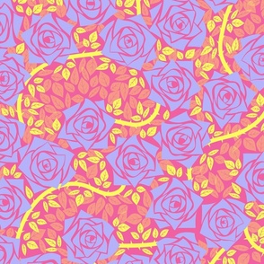 L Rose Garden - Mystery Woodland - Pastel Purple Rose (Soft Purple) and Neon Yellow Vine (Bright Yellow) on Hot Pink  (Bright Pink) - Mid Century Modern inspired (MOD) - Modern Vintage - Minimalist Flower - Geometric Floral