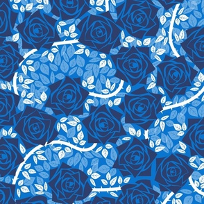 L Monochrome Rose Garden - Mystery Woodland - Navy Blue Rose (Dark Blue) and White Vine on Cobalt Blue (Bright Blue) - Mid Century Modern inspired (MOD) - Modern Vintage - Minimalist Floral - Geometric Florals - Traditional Chinese