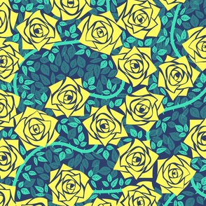 L Rose Garden - Mystery Woodland - Neon Yellow Rose (Bright Yellow) and Pastel Green Vine (Mint Green) on Navy Blue (Dark Blue) - Mid Century Modern inspired (MOD) - Modern Vintage - Minimal Flowers - Geometric Floral