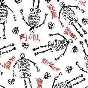 black skeletons and skulls and red quotes on a white background