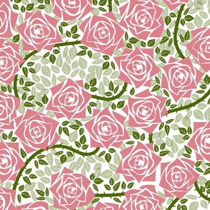 L Rose Garden - Mystery Woodland - Soft Pink Rose (Pink Clay) and Green Vine on White - Mid Century Modern inspired (MOD) - Modern Vintage - Minimal Floral - Geometric Florals - Christmas