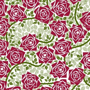 L Rose Garden - Mystery Woodland - Dark Red Rose (Red Burgundy) and Green Vine on White - Mid Century Modern inspired (MOD) - Modern Vintage - Minimal Florals - Geometric Floral