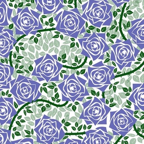 L Rose Garden - Mystery Woodland - Purple Rose and Dark Green Vine on White - Mid Century Modern inspired (MOD) - Modern Vintage - Minimal Florals - Geometric Floral