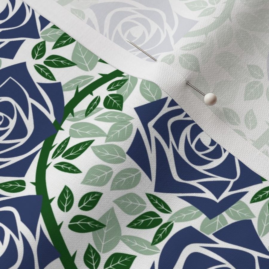 M Rose Garden - Mystery Woodland - Indigo Blue Rose (Dark Blue) and Dark Green Vine on White - Mid Century Modern inspired (MOD) - Modern Vintage - Minimal Florals - Geometric Floral