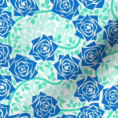 M Rose Garden - Mystery Woodland - Bright Blue Rose (Cobalt Blue) and Pastel Green Vine (Mint Green) on White - Mid Century Modern inspired (MOD) - Modern Vintage - Minimal Florals - Geometric Floral