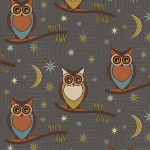 (M-L) Retro Night Owls Under Stars on Gray