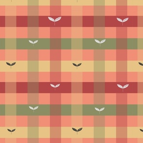 kitchen plaid with leaves on coral - medium scale