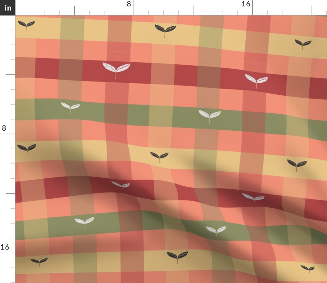 kitchen plaid with leaves on coral - medium scale