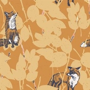  Woodland Forest Foxes Wallpaper in yellow and gold-6" Fabric
