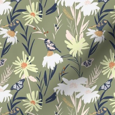 Meadow flowers and birds Wallpaper in sage green, yellow, white wallpaper -medium
