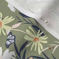 Meadow flowers and birds Wallpaper in sage green, yellow, white wallpaper -medium