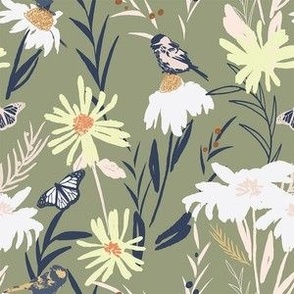 Meadow flowers and birds Wallpaper in sage green, yellow, white wallpaper -medium