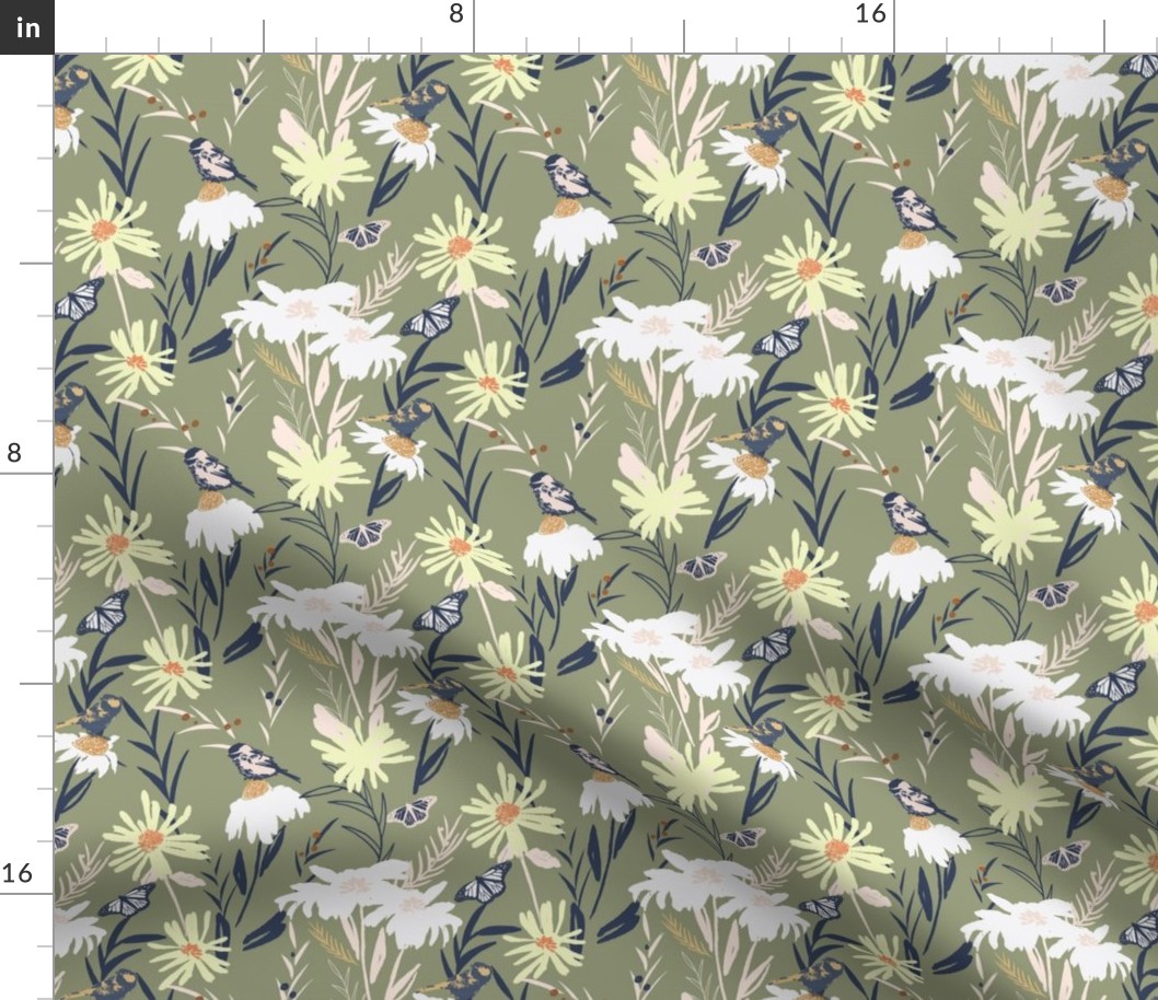 Meadow flowers and birds Wallpaper in sage green, yellow, white wallpaper -medium