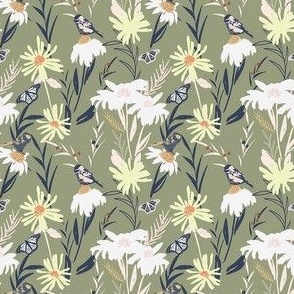 Meadow flowers and birds Wallpaper in sage green, yellow, white small scale