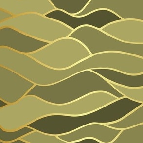 Olive, artichoke, khaki and army green  waves with gold net of lines