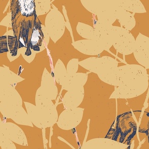 Woodland Forest Foxes Wallpaper in yellow and gold-24" Fabric Large Scale