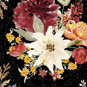 9" Elegant Vintage Fall Flowers and Autumn Foliage in Black by Audrey Jeanne