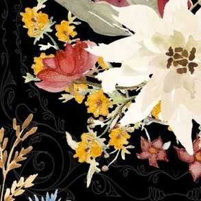 14" Elegant Vintage Fall Flowers and Autumn Foliage in Black by Audrey Jeanne