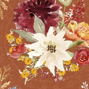 9" Elegant Vintage Fall Flowers and Autumn Foliage in Rust by Audrey Jeanne