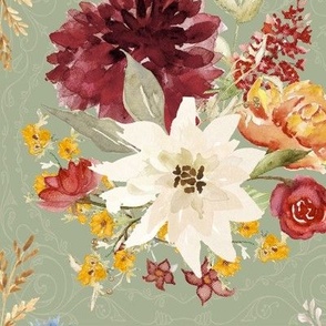 9" Elegant Vintage Fall Flowers and Autumn Foliage in Sage by Audrey Jeanne