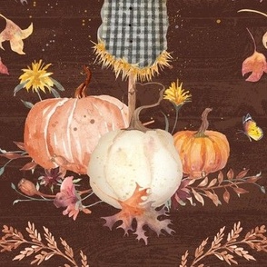 24" Whimsical Scarecrow Pumpkins Flowers and Autumn Leaves in Brown by Audrey Jeanne
