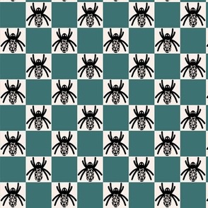 459 - Small scale Halloween black and white spider in a deep teal blue green checkerboard for cute and scary kids apparel, trick or treat costumes, arachnid lovers, patchwork and quilting crafts.