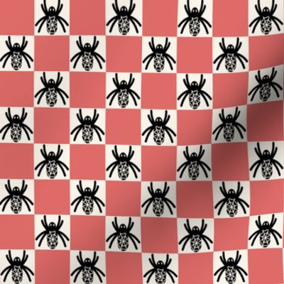 459 - Small scale Halloween black and white spider in a coral pink checkerboard for cute and scary kids apparel, trick or treat costumes, arachnid lovers, patchwork and quilting crafts.